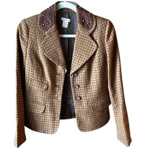 Sundance Brown Plaid Wool Blazer Jacket Studded Collar Women's Size 2 or 4 Lined